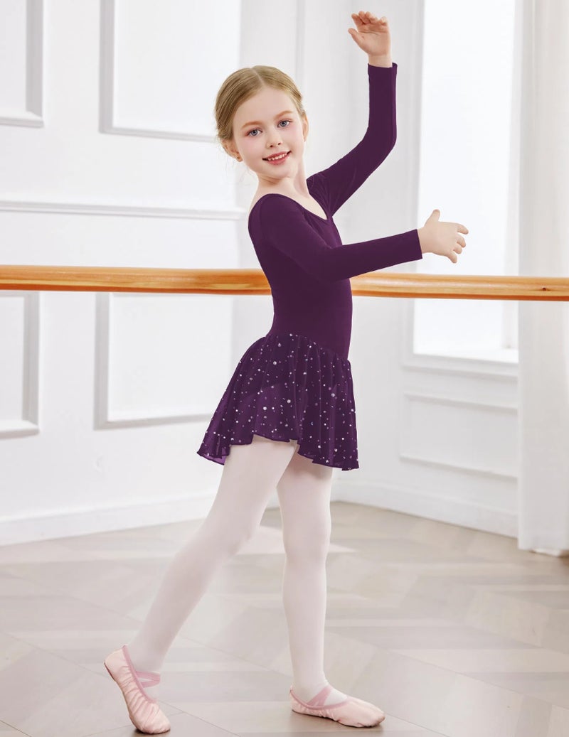 آرشنر فستان رقص باليه بأكمام طويلة للفتيات من Arshiner، فستان رقص الباليه ذو ظهر مجوف لامع، زي بيليرينا، أرجواني داكن، 4-5T - Image 3